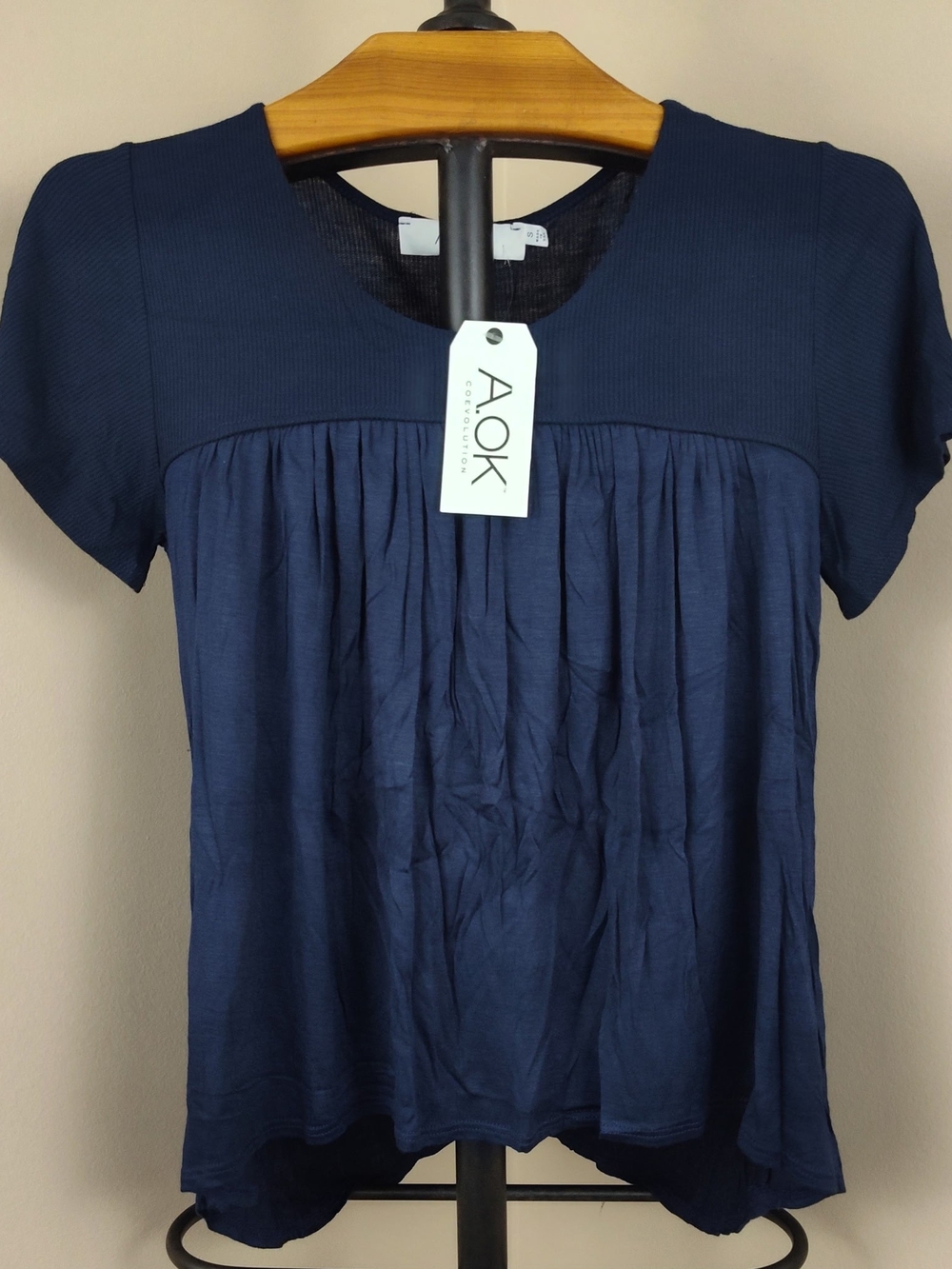 Navy Short-Sleeve Pleated Front Blouse